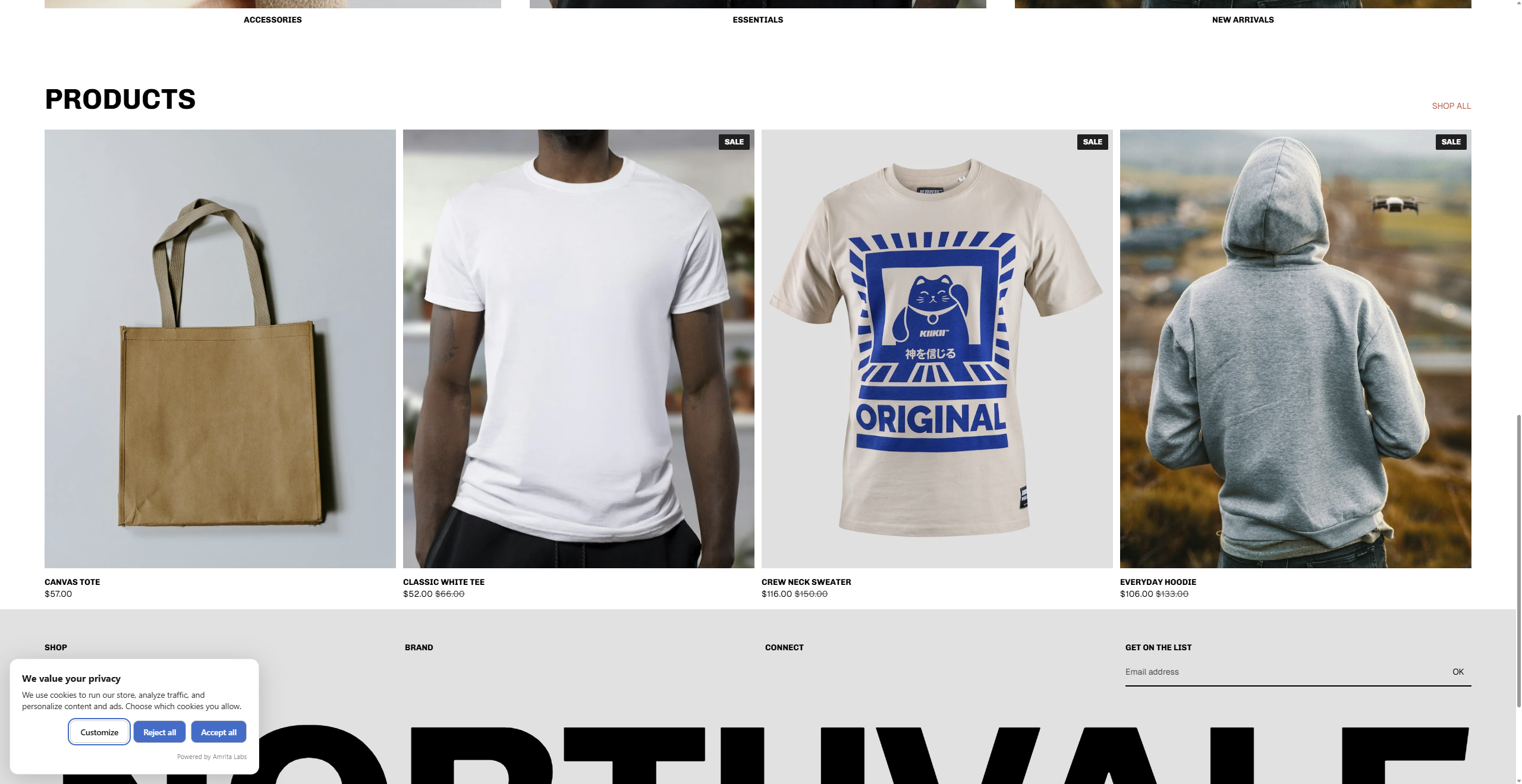 Amrita Cookie Consent banner on a Shopify store showing Customize, Reject all, and Accept all buttons