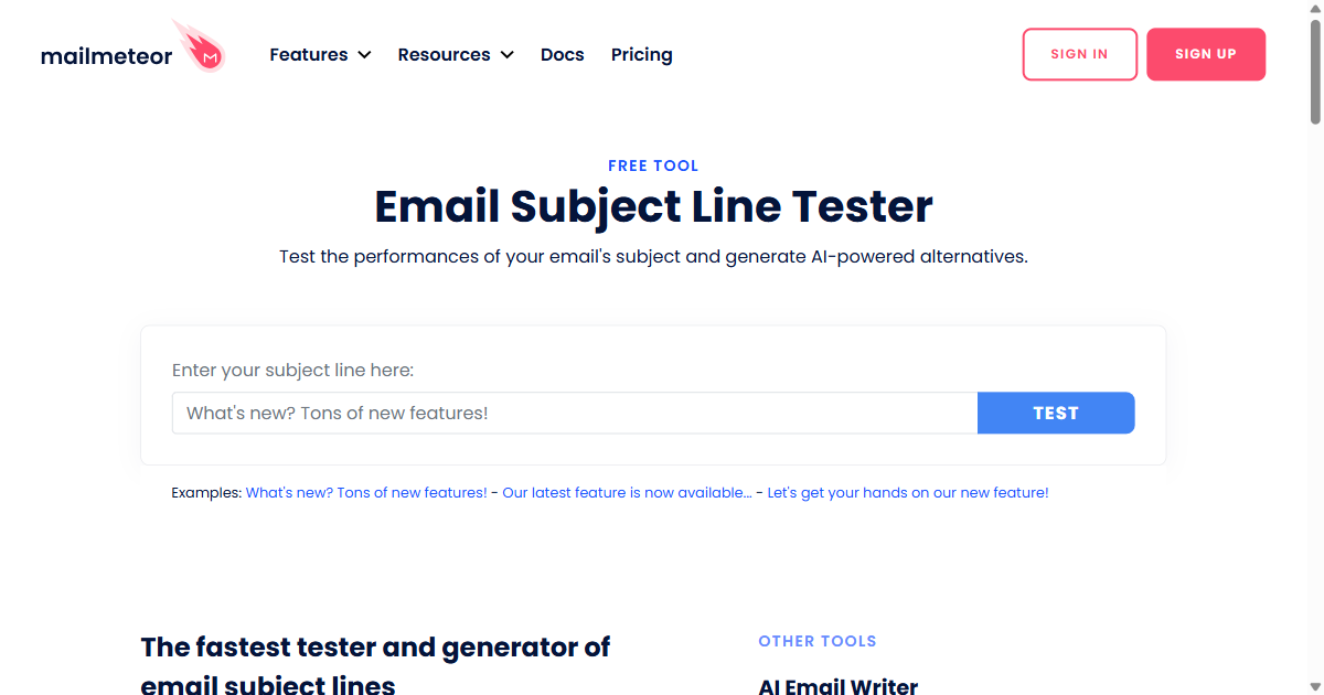 Mailmeteor email subject line tester with AI-powered alternative suggestions