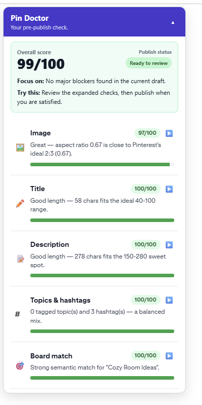 Pinello Pin Doctor showing SEO Audit and the pre-publish review workflow