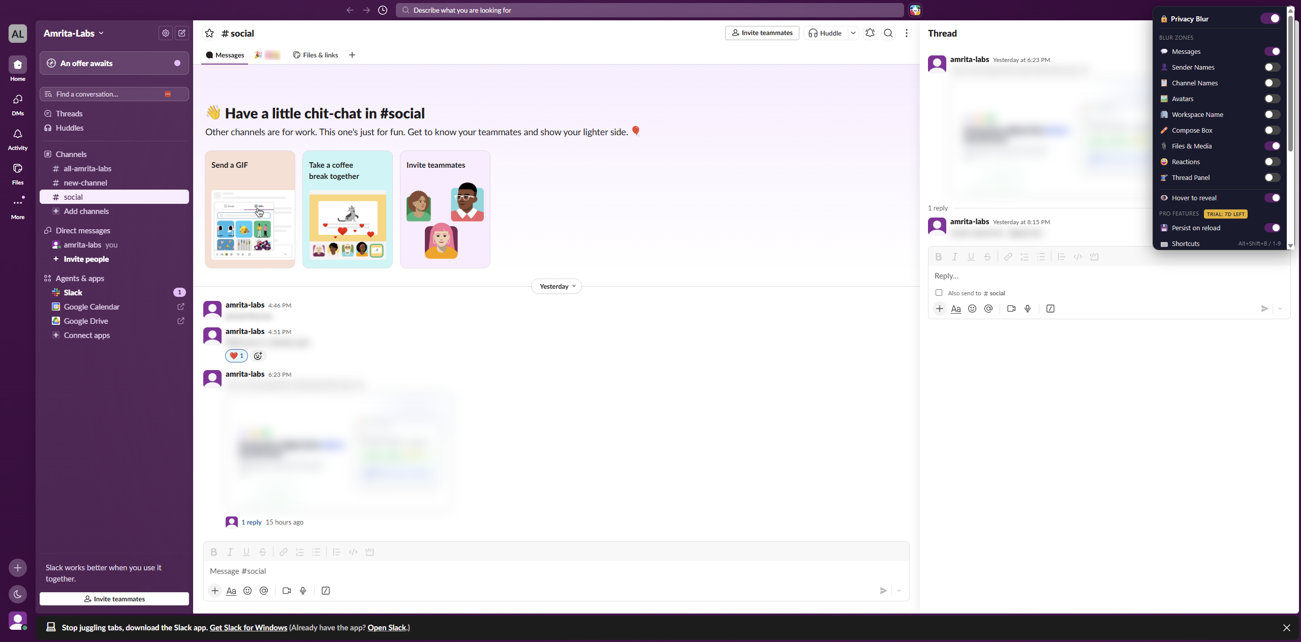 Privacy Blur for Slack — messages blurred during screen sharing
