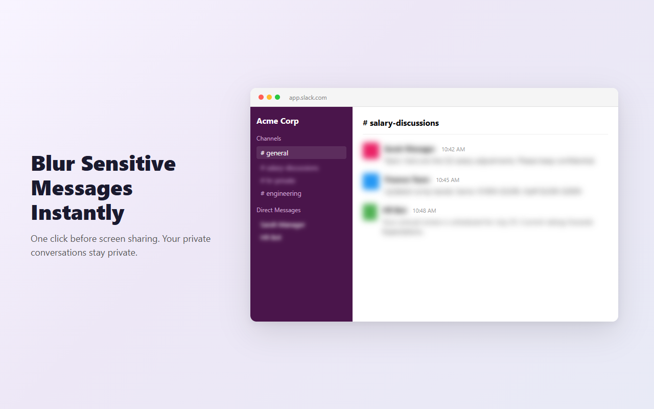 Privacy Blur for Slack hiding messages during screen sharing