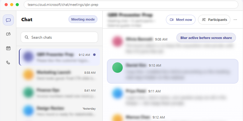 Privacy Blur for Teams hiding meeting chats during screen sharing